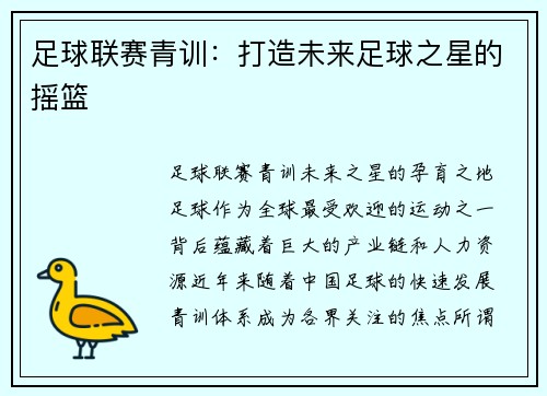 足球联赛青训：打造未来足球之星的摇篮
