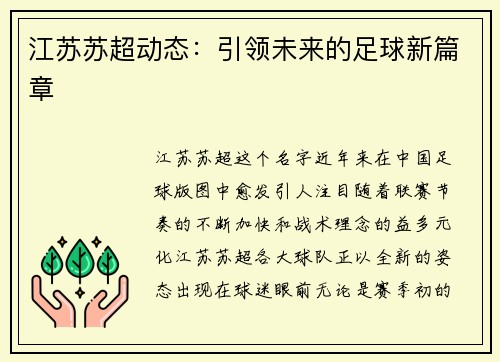 江苏苏超动态：引领未来的足球新篇章