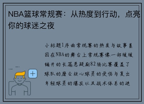 NBA篮球常规赛：从热度到行动，点亮你的球迷之夜