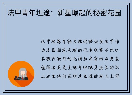 法甲青年坦途:新星崛起的秘密花园